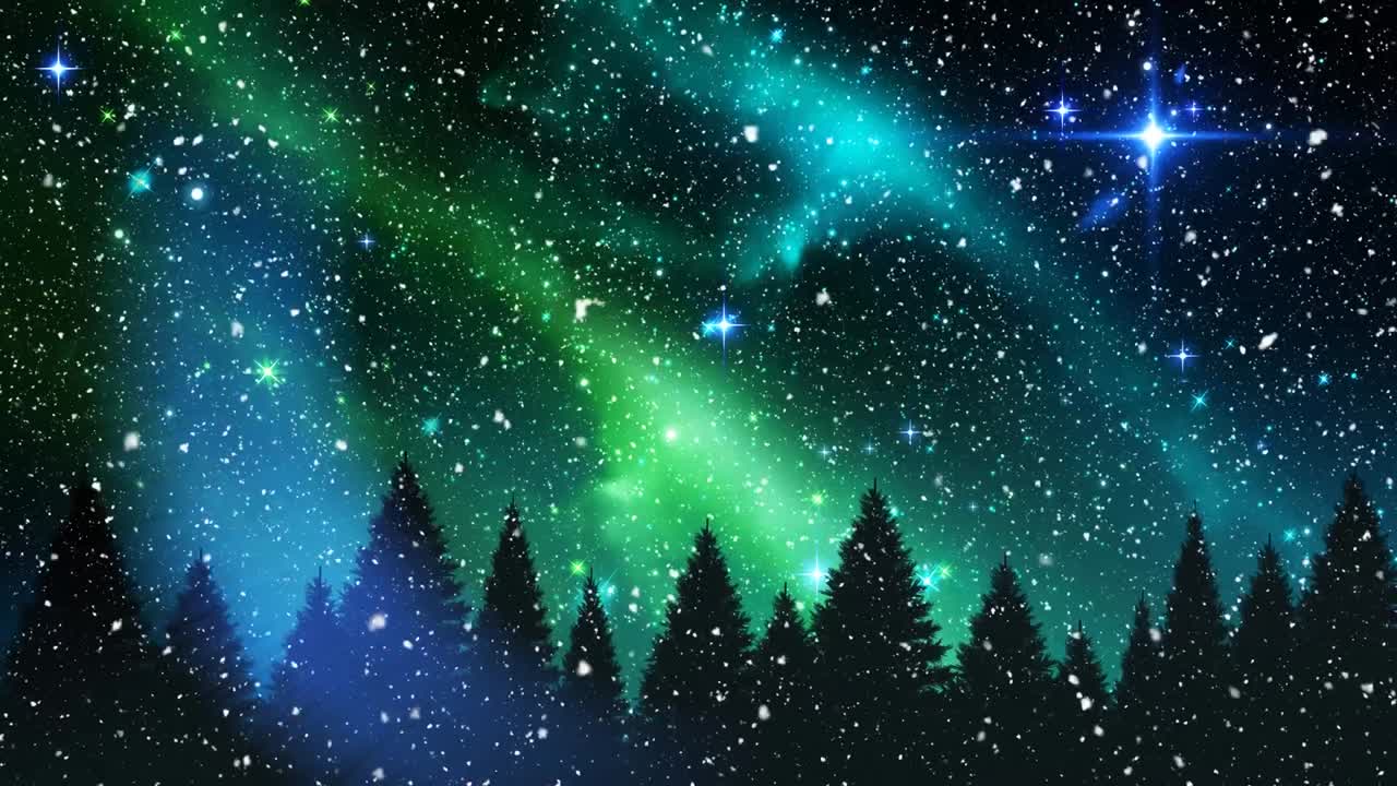 오로라 보레알리스와 겨울 풍경 위에 내리는 눈의 애니메이션