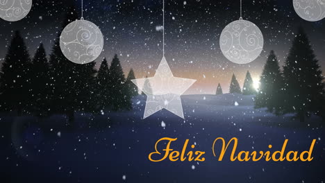 Animation-Von-Fallendem-Schnee-über-Dem-Text-„Feliz-Navidad“-Und-Hängenden-Dekorationen-Vor-Einer-Winterlandschaft