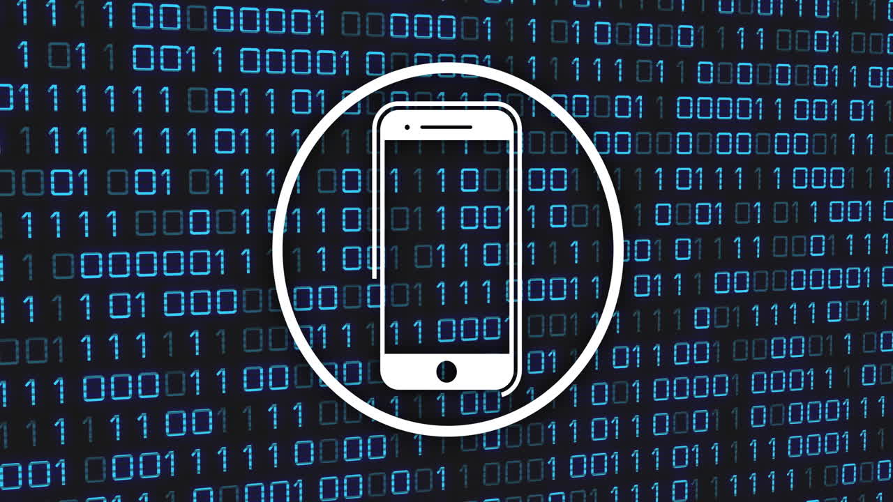 Smartphone icon inside circle over binary code animation