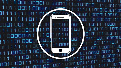 smartphone icon inside circle over binary code animation