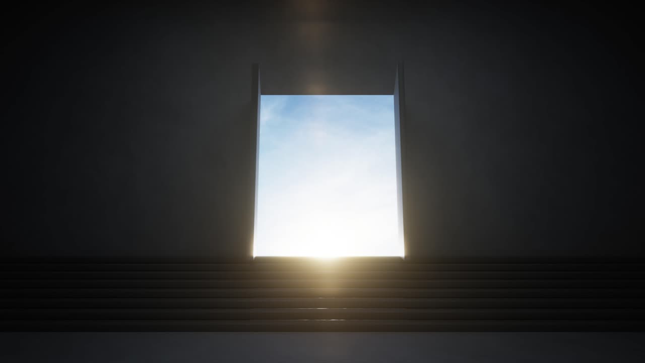 Dark Door Opening to Reveal Bright Light and Blue Sky