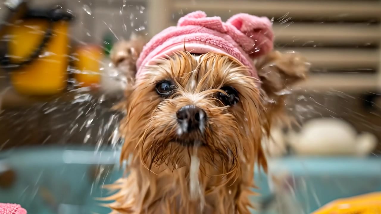 Cane bagnato con asciugamano rosa avvolto sulla testa, al chiuso. Primo piano di un piccolo terrier bagnato che indossa un turbante di asciugamano rosa sulla testa dopo il bagno di toelettatura