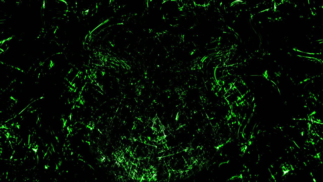 Dark, abstract texture with glowing green scratches and particles. A seamless loop for sci-fi, horror, or intense grunge-style motion backgrounds