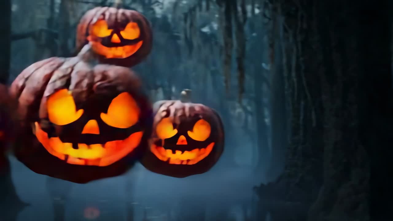 Floating glowing jack-o-lanterns through foggy forest following moonlight, creating spooky mood