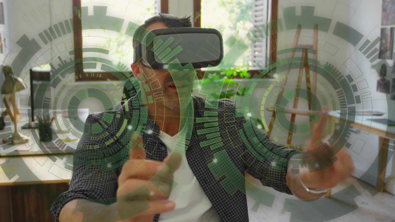 Mature man putting on VR headset at desk, activating green HUD, manipulating controls for tech demo