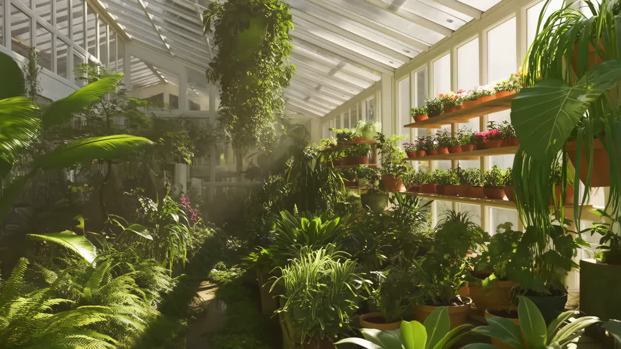 Lush Greenhouse with a Variety of Plants and Flowers