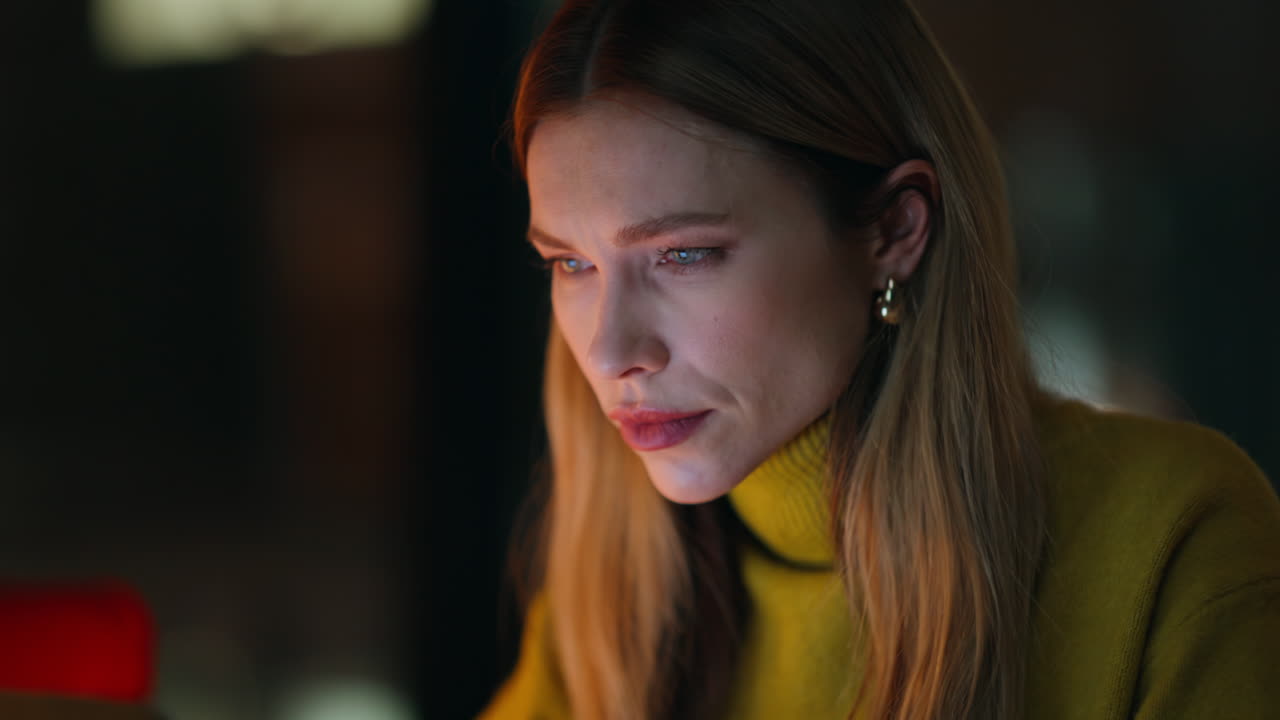 Portrait night worker looking laptop feeling stress. Overworked businesswoman