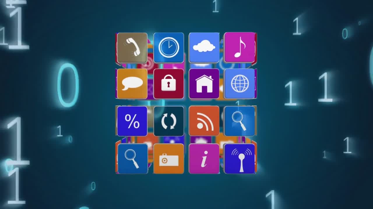 iconos de internet en un cubo con códigos binarios