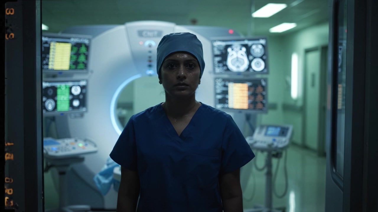 Un professionista sanitario concentrato si prepara per una procedura medica cruciale, posizionato davanti ad apparecchiature di imaging avanzate in un ambiente sterile
