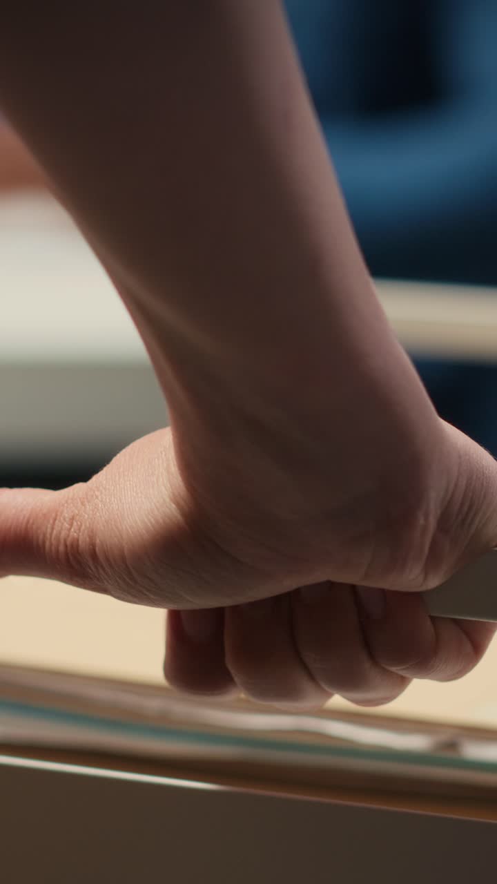 Vertical Video Close up of office secretary pushes trolley filled with paperwork and documents