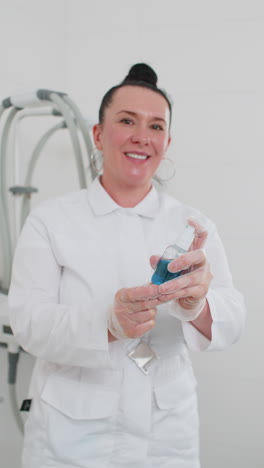 cosmetologist woman preparing to apply oil based spray solution for skin cell regeneration at face