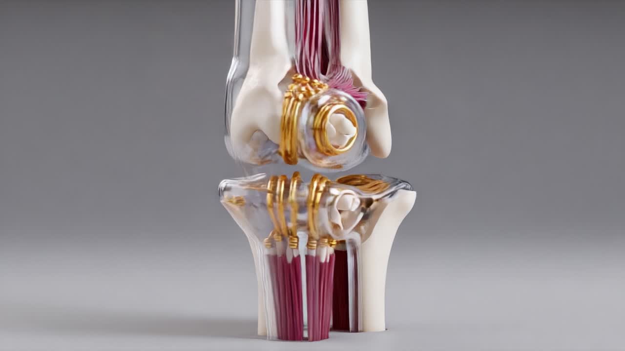 Detailed Anatomical Representation of the Knee Joint Structure with Visible Muscles, Ligaments, and Bones, Highlighting the Complex Mechanics of Human Movement and Function