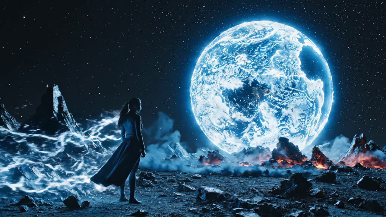 Woman on Alien Planet with Giant Planet in Sky