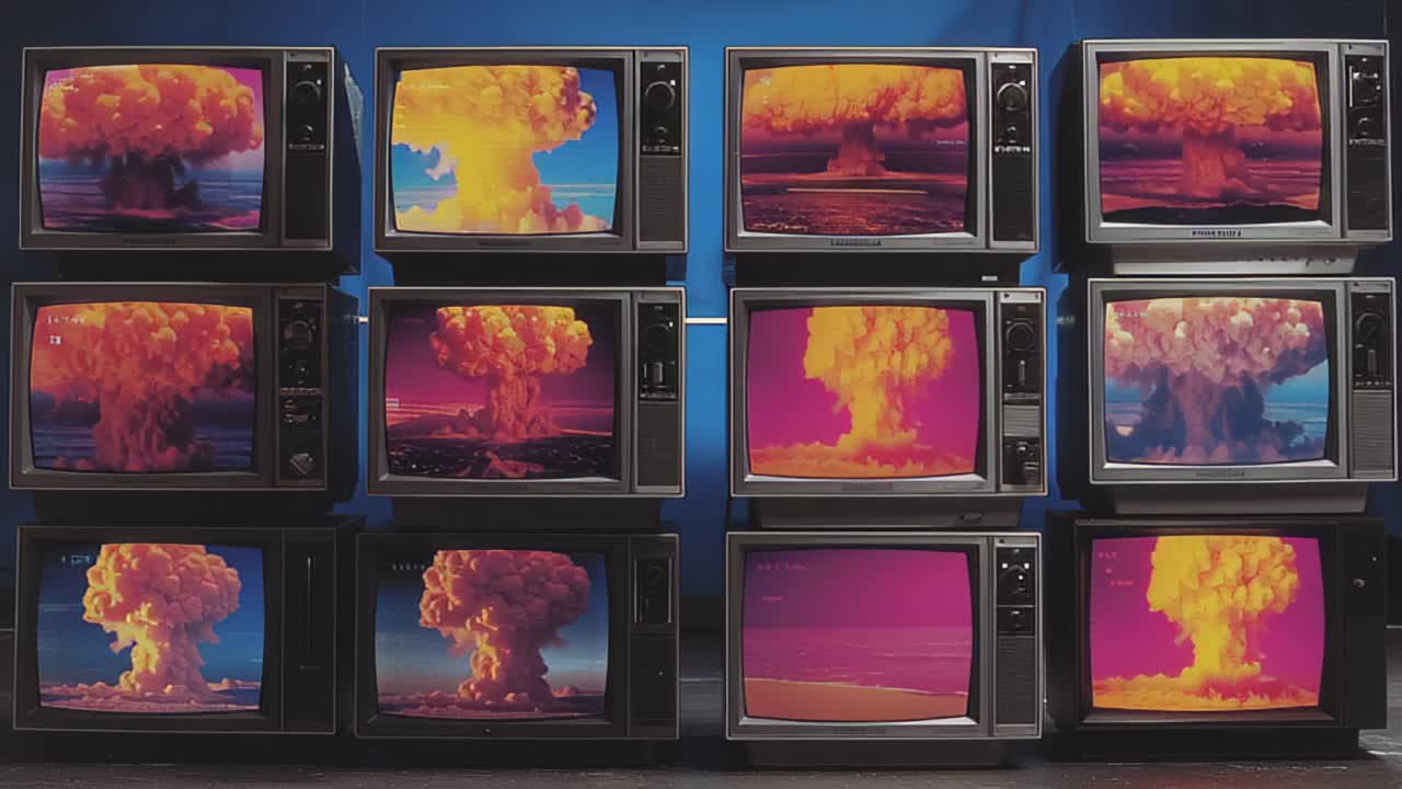 Multiple retro CRT televisions stacked in a grid display vivid mushroom cloud nuclear explosion scenes, evoking Cold War media, propaganda, fear, and broadcast history