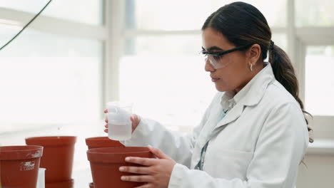 Woman,-scientist-and-water-plant-in-greenhouse