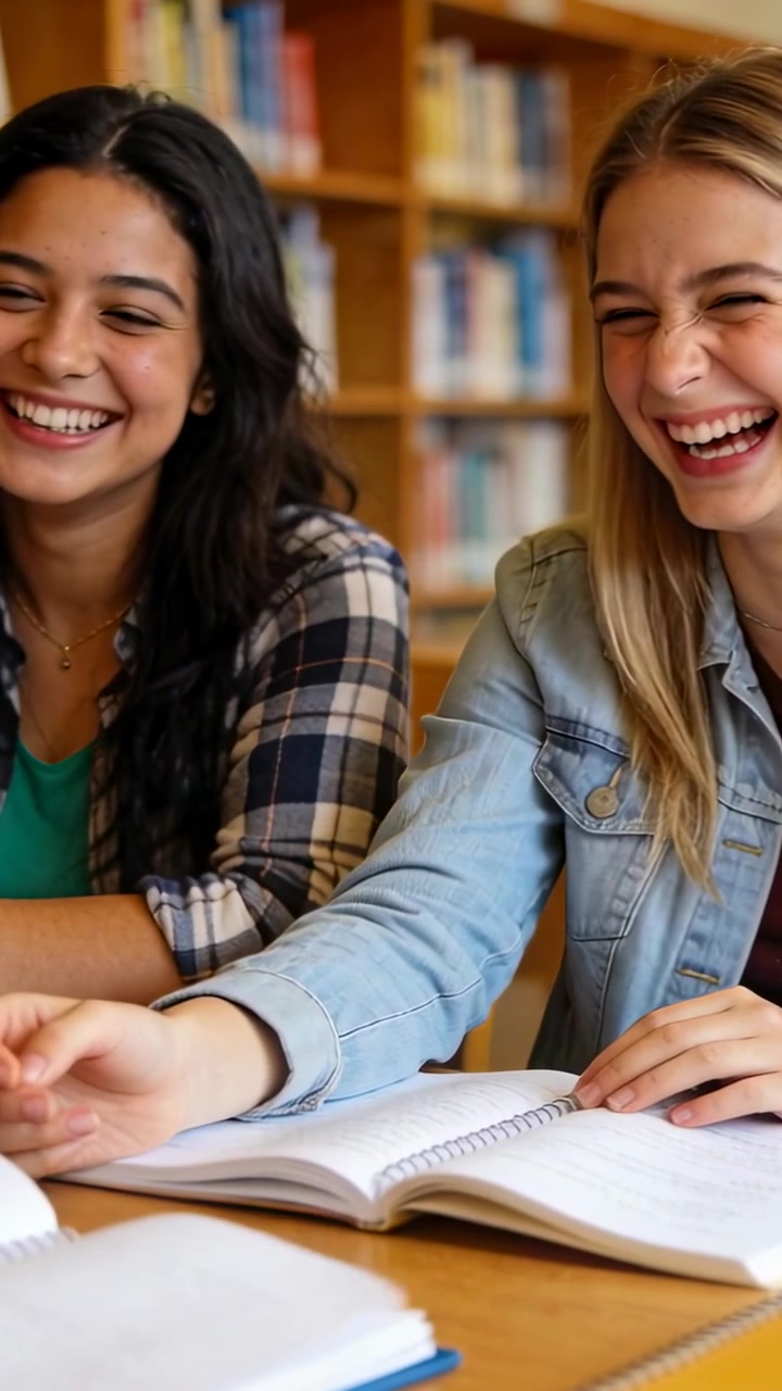 Video verticale: Due adolescenti prendono un foglio, sfogliano i quaderni e studiano in biblioteca, uno dei quali indossa una camicia a quadri.