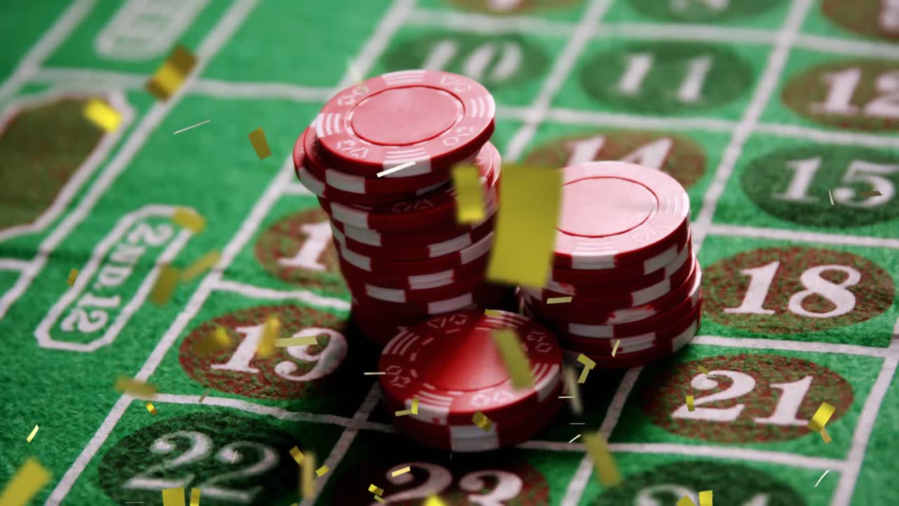 animación de confeti cayendo sobre pilas de fichas de juego en el fondo