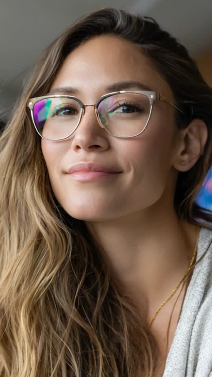Retrato cativante de uma mulher de óculos sorrindo naturalmente, transmitindo calor e positividade em um ambiente relaxado e iluminado
