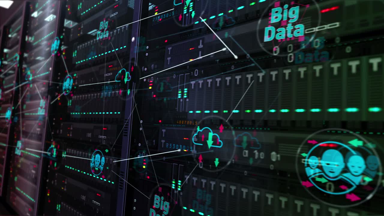 Big data technology symbols on servers room in background loop