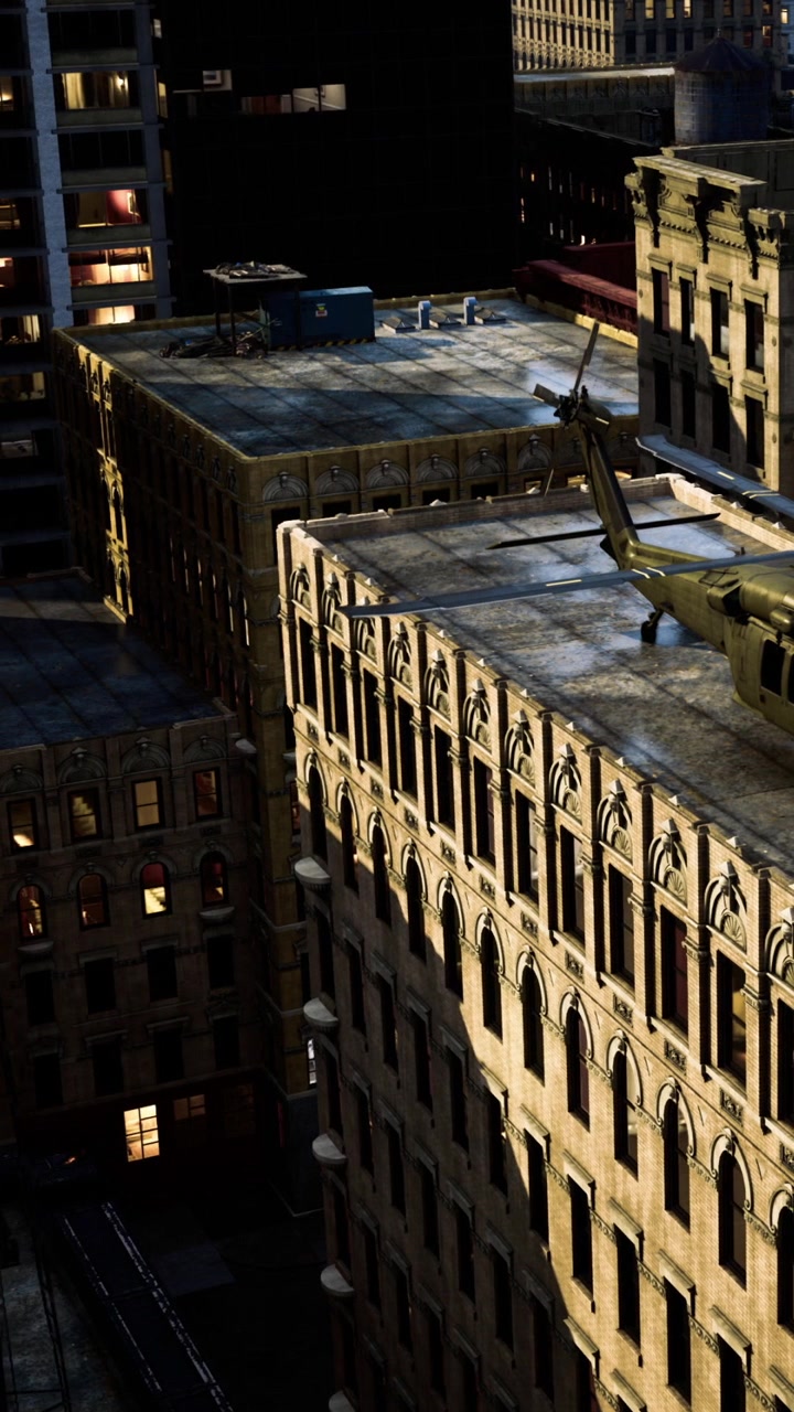 Edifici in un'area urbana con luci e ombre durante la sera