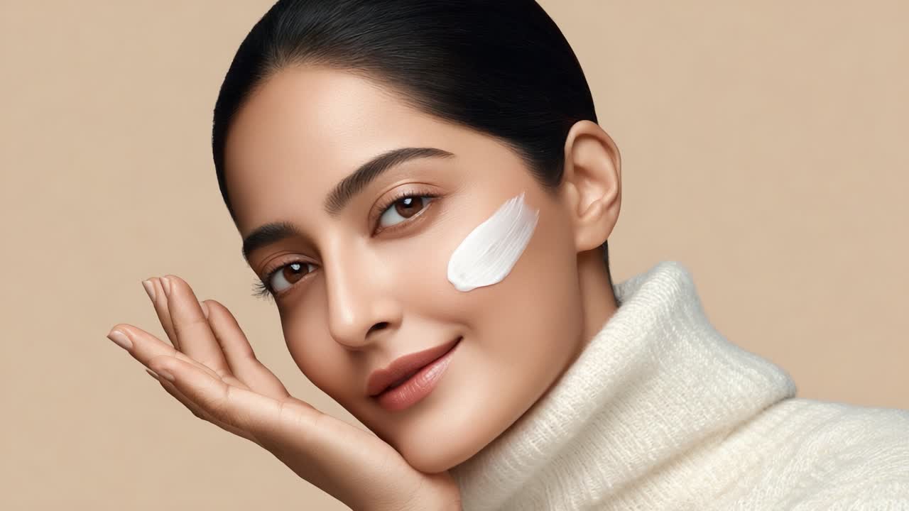 Radiant Beauty: A Close-Up of a Woman Applying Skincare Cream on Her Cheek, Showcasing a Smooth Complexion Against a Soft Neutral Background