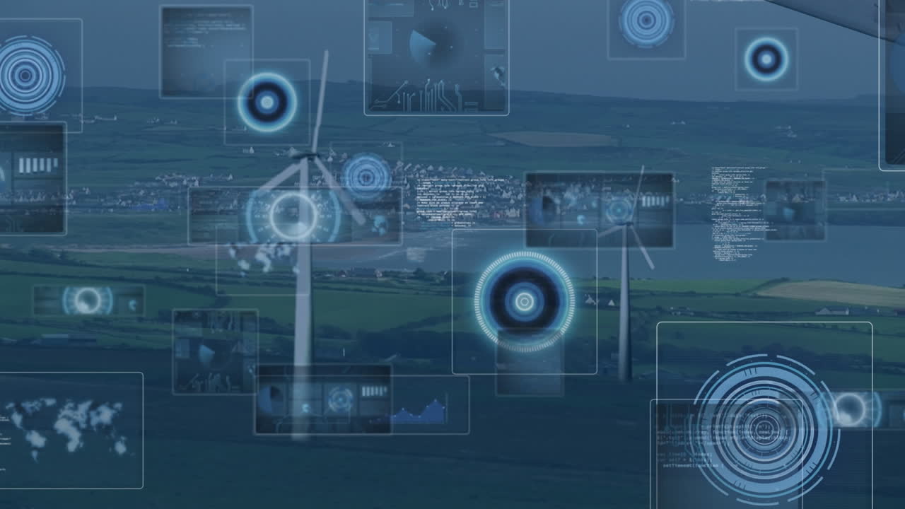animación del procesamiento de datos con escaneo de alcance sobre turbinas eólicas