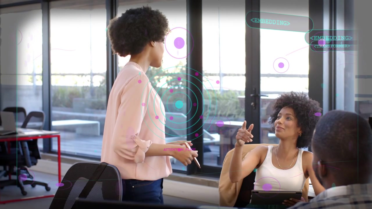 Lead speaking, pointing with pen at tablet, seated peer explaining data, purple tech HUD overlaying