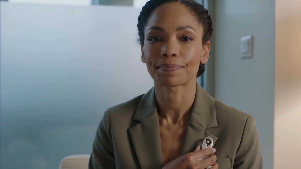Touching woman in olive-green blazer adjusting ribbon after camera pull at office, showing support
