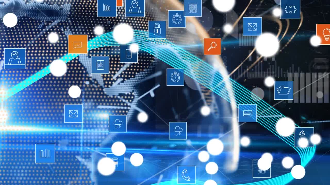 디지털 아이콘과 회전하는 지구와 검은 바탕의 데이터 처리에 대한 빛의 흔적