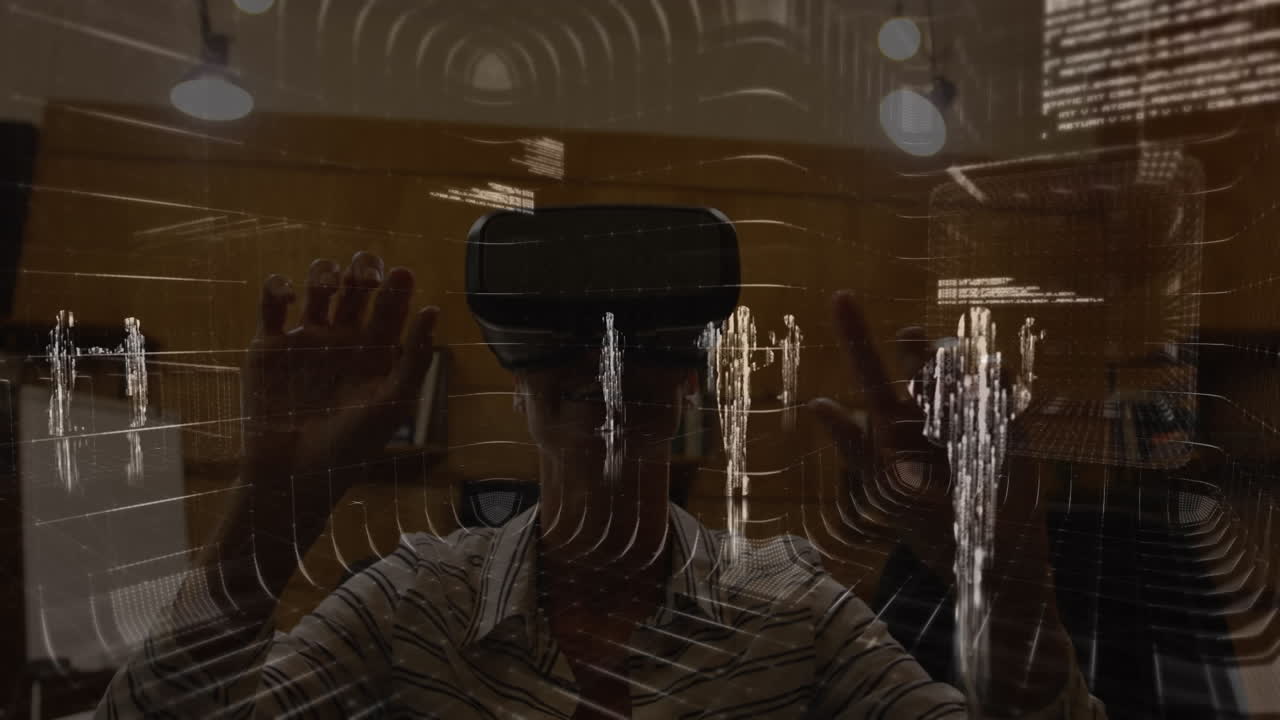 Animation of financial data processing over businessman using vr headset