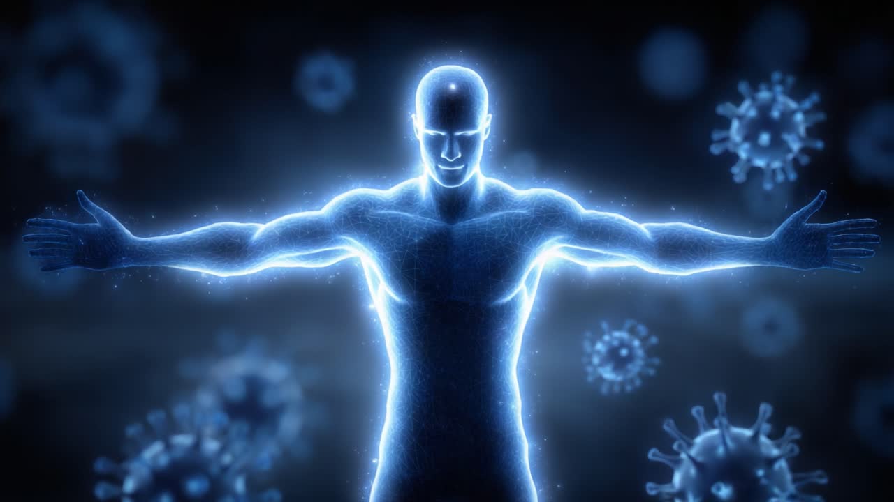 En glødende menneskefigur med udstrakte arme repræsenterer modstandsdygtighed og styrke mod mikrobielle kræfter i en fantastisk visualisering af sundhed og immunitet.