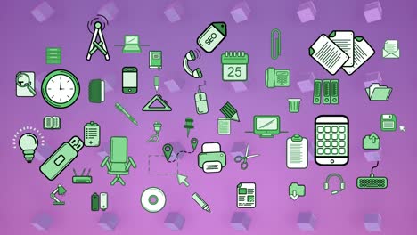 Animation-of-business-icons-and-shapes-on-purple-background