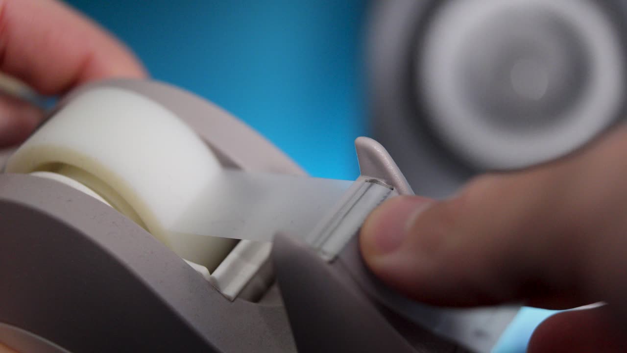 macro shot of tape being cut into smaller sections from a sellotape holder