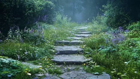 a stone path in the middle of a lush green forest