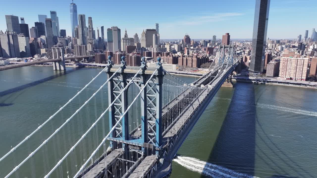 Manhattan Bridge At Manhattan In New York United States. Highrise Buildings Scenery. Cable Bridge Landscape. Manhattan Bridge At New York United States. Freeway Road Background