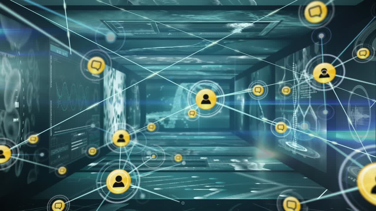 Animazione di rete di connessioni su elaborazione dati su sfondo nero