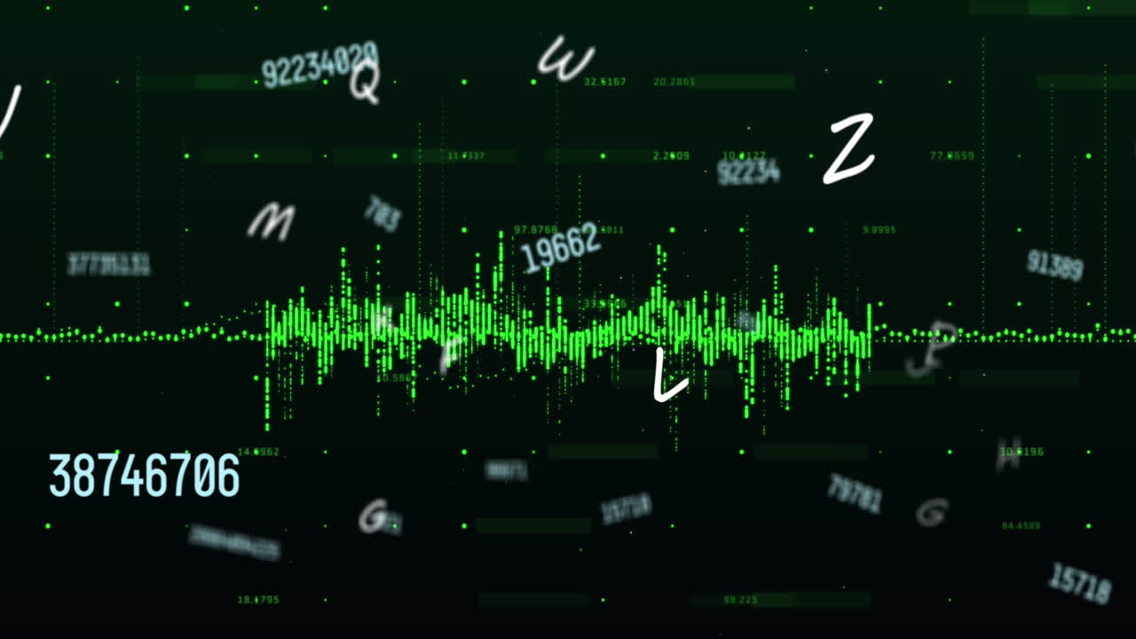 Animation of changing numbers and symbols over data processing against black background