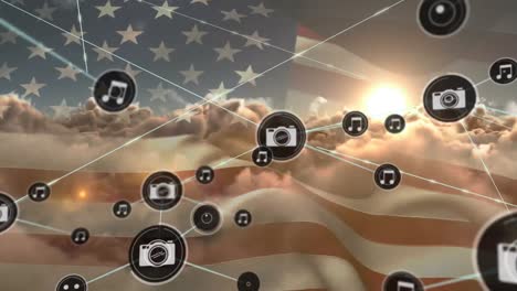 animation of network of connections with icons over flag of united states of america and sky