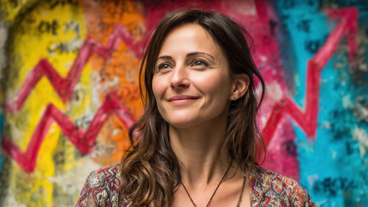 Una mujer que irradia alegría y paz en medio de arte callejero vibrante, mostrando emociones de satisfacción y serenidad en un colorido entorno urbano.