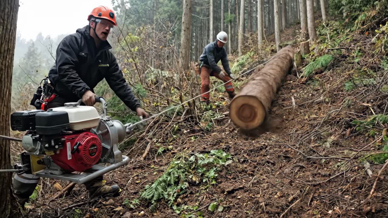Loggers Using Portable Winch to Pull Large Log Up Steep Forest Slope