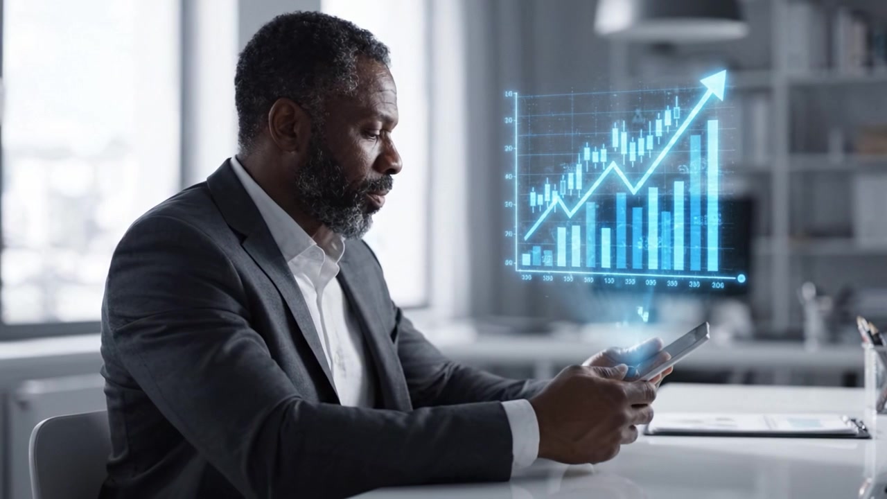 Un professionnel des affaires analyse les tendances des données numériques sur une tablette, avec des indicateurs graphiques illustrant la croissance et le progrès dans un environnement de bureau moderne.
