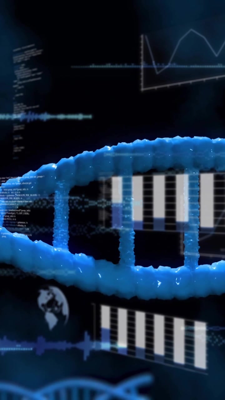 Animation of scientific data processing over dna strand spinning