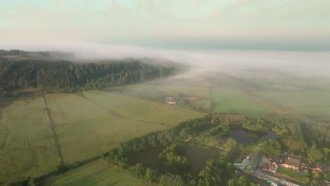 misty english countryside and wooded hillside with reverse camera flight revealing small lakes and farmhouses at sunrise. summer. beacon fell, trough of bowland, lancashire, england, uk