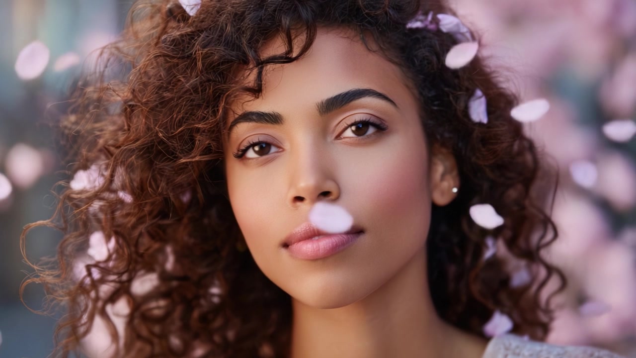 Affascinante ritratto di una giovane donna con capelli ricci tra morbidi petali di fiori in un'ambientazione floreale da sogno, che crea un'atmosfera eterea e serena.