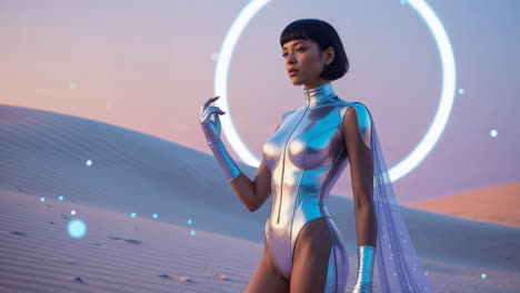 futuristic heroine in metallic bodysuit in a desert landscape with glowing portal