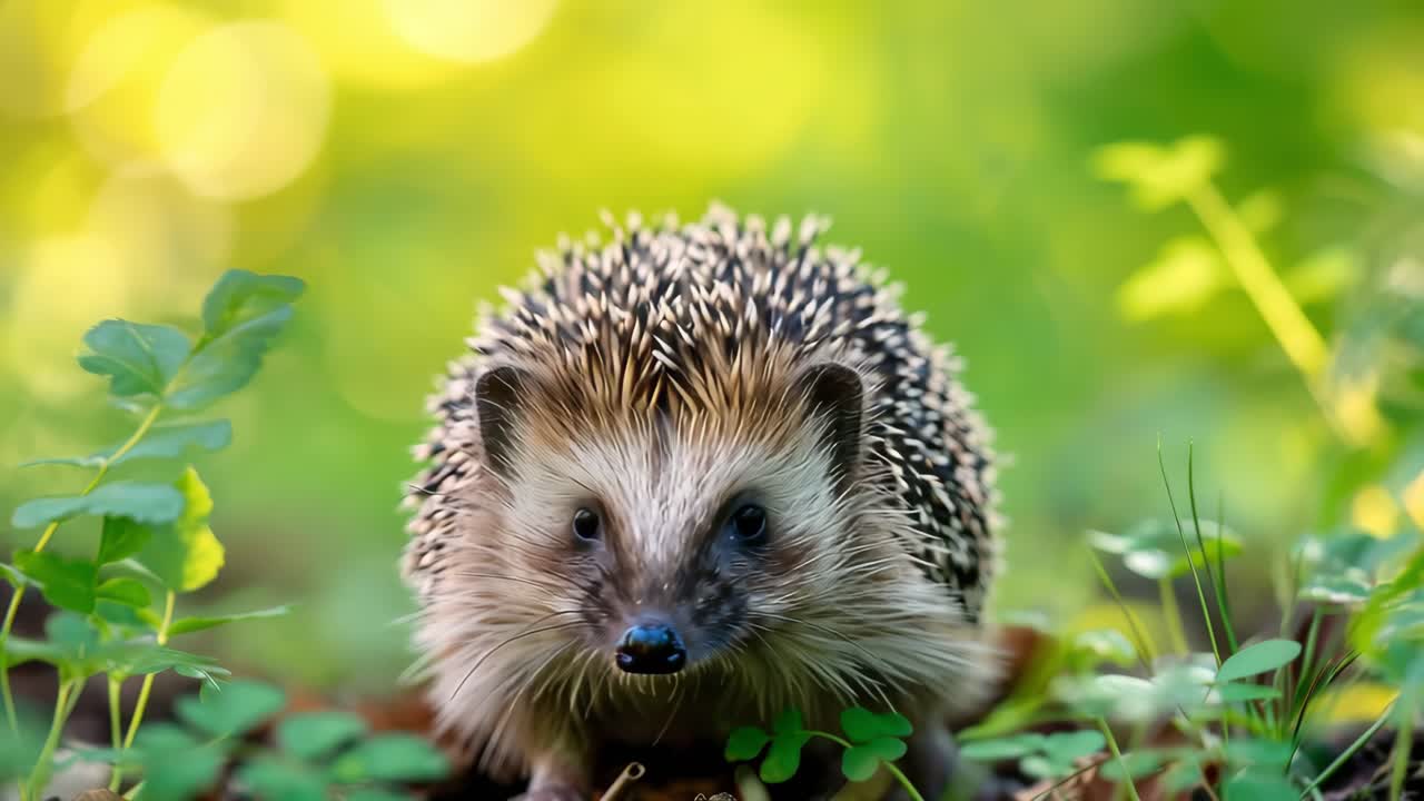 European hedgehog walking through lush grass, surrounded by vibrant green vegetation on a sunny day, capturing a charming moment of wildlife in its natural habitat