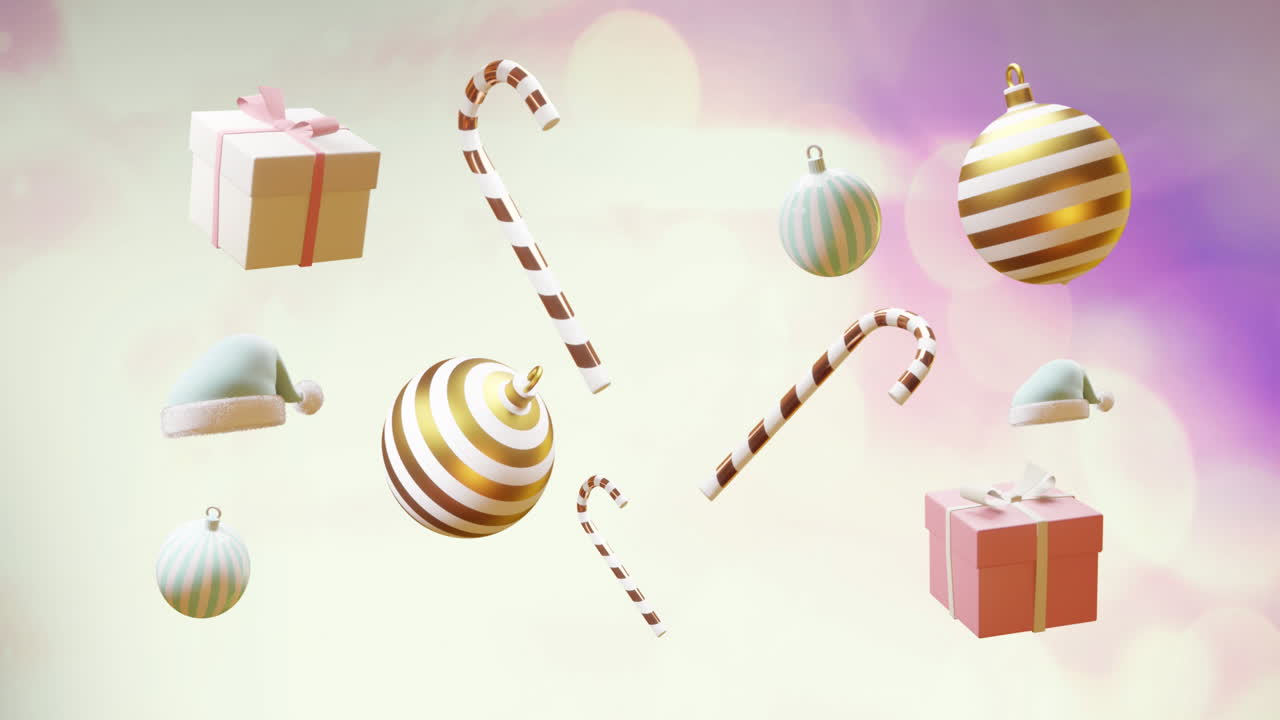 animación de decoraciones de navidad con un fondo púrpura.