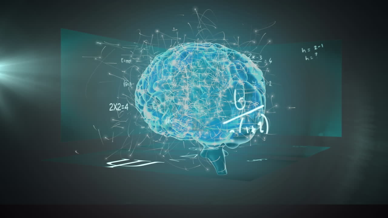 수학적 방정식은 녹색 배경의 빛의 반점에 대해 회전하는 인간 뇌 위에 떠 있습니다.