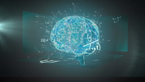 ecuaciones matemáticas flotando sobre el cerebro humano giratorio contra un punto de luz en un fondo verde
