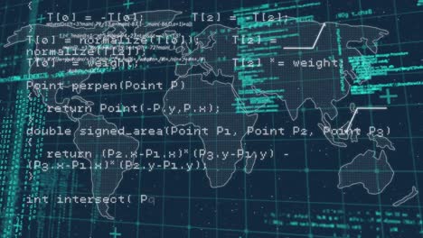 Animación-Digital-Del-Procesamiento-De-Datos-A-Través-De-La-Red-Grid-Contra-El-Mapa-Mundial-Sobre-Fondo-Azul